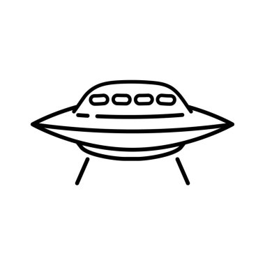 Uçan Ufo çizgisi simgesi beyaz arkaplanda izole edildi. Uzaylı uzay gemisi. Gelecekteki bilinmeyen uçan nesne. Uzay gemisi vektör çizimi. Dünya UFO günü tasarımı.