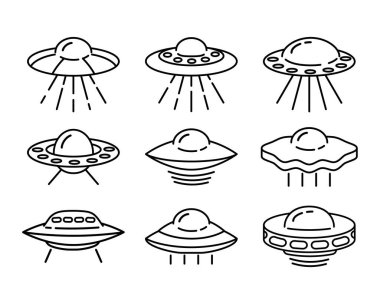 Uçan Ufo çizgisi simgeleri beyaz arkaplanda izole edildi. Uzaylı uzay gemisi. Gelecekteki bilinmeyen uçan nesne. Dünya UFO günü tasarımı. Uzay gemisi vektör çizimi.