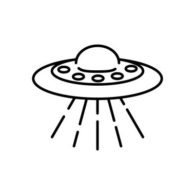 Uçan Ufo çizgisi simgesi beyaz arkaplanda izole edildi. Uzaylı uzay gemisi. Gelecekteki bilinmeyen uçan nesne. Uzay gemisi vektör çizimi. Dünya UFO günü tasarımı.