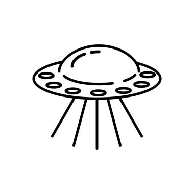 Uçan Ufo çizgisi simgesi beyaz arkaplanda izole edildi. Uzaylı uzay gemisi. Gelecekteki bilinmeyen uçan nesne. Uzay gemisi vektör çizimi. Dünya UFO günü tasarımı.