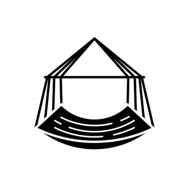 Beyaz arkaplanda izole edilmiş siyah basit hamak simgesi. Rahatla eğlence. Kapalı salıncak. Güneş banyosu. Web tasarımı için vektör illüstrasyonu.