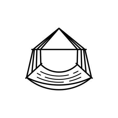 Beyaz arkaplanda izole edilmiş basit çizgi hamak simgesi. Rahatla eğlence. Kapalı salıncak. Güneş banyosu. Web tasarımı için vektör illüstrasyonu.