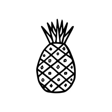 Beyaz arka planda yaprak izole edilmiş ananas meyvesinin el çizimi monokrom ikonu. Tropik meyve boyama sayfası. Basit bir çizim. Egzotik yaz, vitamin ve sağlığın sembolü. Vektör illüstrasyonu