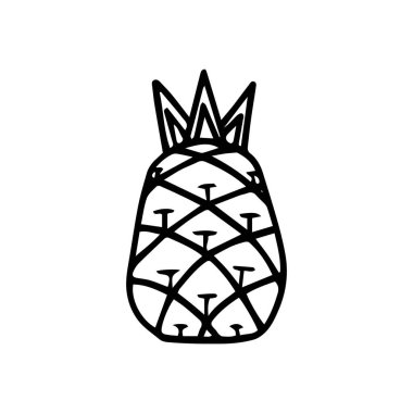 Beyaz arka planda yaprak izole edilmiş ananas meyvesinin el çizimi monokrom ikonu. Tropik meyve boyama sayfası. Basit bir çizim. Egzotik yaz, vitamin ve sağlığın sembolü. Vektör illüstrasyonu