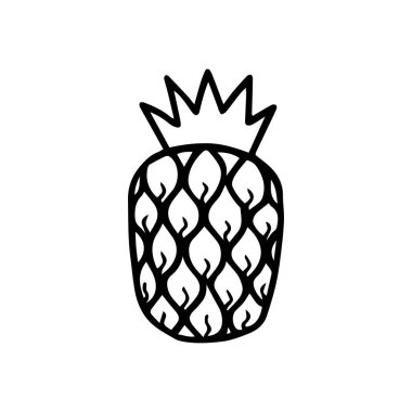 Beyaz arka planda yaprak izole edilmiş ananas meyvesinin el çizimi monokrom ikonu. Tropik meyve boyama sayfası. Basit bir çizim. Egzotik yaz, vitamin ve sağlığın sembolü. Vektör illüstrasyonu