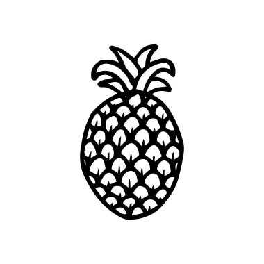 Beyaz arka planda yaprak izole edilmiş ananas meyvesinin el çizimi monokrom ikonu. Tropik meyve boyama sayfası. Basit bir çizim. Egzotik yaz, vitamin ve sağlığın sembolü. Vektör illüstrasyonu