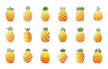 Farklı el çizimleri, beyaz arkaplanda yaprak izole edilmiş ananas meyvelerinin parlak renk simgelerini ayarlayın. Tatlı tropik meyve koleksiyonu. Basit bir düz stil. Logo tasarımı. Vektör illüstrasyonu