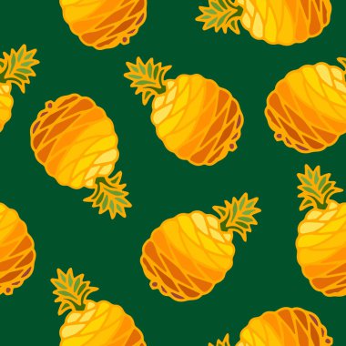 Kusursuz desenli, parlak renkli ananas meyveli ve yeşil arka planda yaprağı var. Modern tasarım. Kumaş, ambalaj kağıtları, duvar kağıtları, kapaklar, yazlık giysiler. Yaratıcı vektör illüstrasyonu