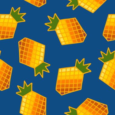 Pürüzsüz desenli, parlak renkli ananas meyveli ve mavi arka planda yaprak var. Modern tasarım. Kumaş, ambalaj kağıtları, duvar kağıtları, kapaklar, yazlık giysiler. Yaratıcı vektör illüstrasyonu