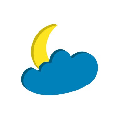 Hava tahmini ayın izometrik simgesi ve beyaz arka planda izole edilmiş bulut. Modern hava durumu sembolü. Web sitesi tasarımı ve mobil uygulamalar için. Vektör illüstrasyonu