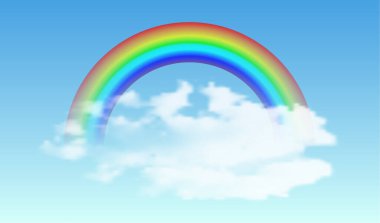 Gökyüzünde bulut olan gerçekçi gökkuşağı. Düzenlenebilir vektör arkaplanı. Gökyüzü dokusu. LGBT konsepti. Şebeke teknolojisi. Vektör illüstrasyonu.