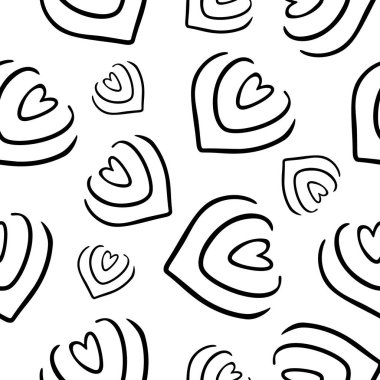 Stilize edilmiş kalpleri olan soyut, dikişsiz monokrom deseni. Sonsuz siyah beyaz arka plan. Asgari düzeyde. Vektör illüstrasyonu