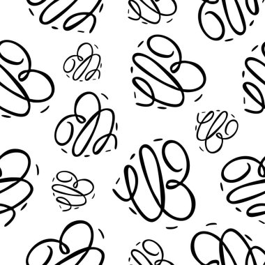 Stilize edilmiş kalpleri olan soyut, dikişsiz monokrom deseni. Sonsuz siyah beyaz arka plan. Asgari düzeyde. Vektör illüstrasyonu