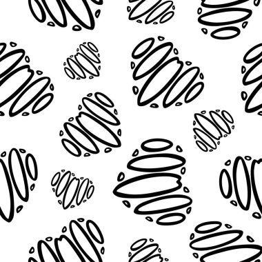 Stilize edilmiş kalpleri olan soyut, dikişsiz monokrom deseni. Sonsuz siyah beyaz arka plan. Asgari düzeyde. Vektör illüstrasyonu