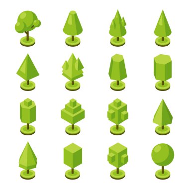 3D izometrik stil yeşil ağaçlardan oluşan bir set. Şehir bitkileri koleksiyonu. Top, küp, trapezoid, piramit, koni, prizma. İzometrik haritalar, oyunlar ve tasarım için geometrik şekil simgeleri. Vektör illüstrasyonu.