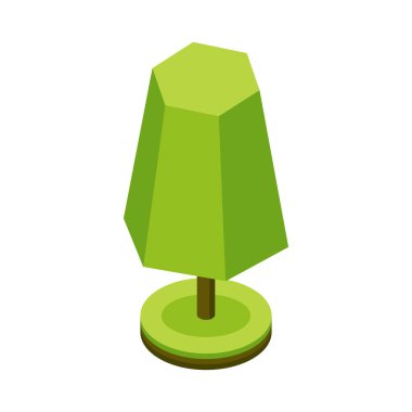 3D izometrik stilize edilmiş yeşil ağaç. Şehir bitkisi. İzometrik haritalar, oyunlar ve tasarım için geometrik prizma şekil simgesi. Vektör illüstrasyonu.