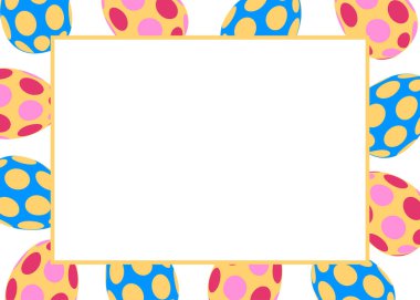 Mutlu Paskalya arkaplanları, afişler, çerçeve, başlık, tebrik kartı tasarımı. Beyaz arka planda üç boyutlu renkli yumurta çerçevesi. Vektör İllüstrasyonu