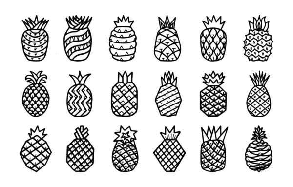 Defina Diferentes Ícones Monocromáticos Desenhados Mão Frutas Abacaxi Com Folha —  Vetores de Stock
