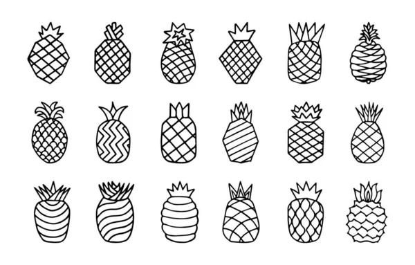 Defina Diferentes Ícones Monocromáticos Desenhados Mão Frutas Abacaxi Com Folha — Vetor de Stock