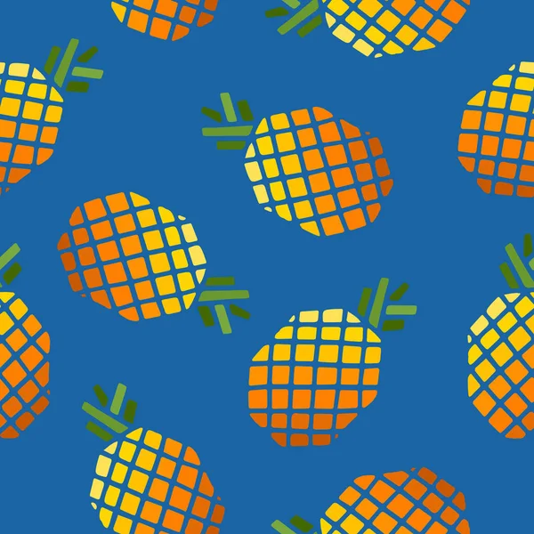 Naadloos Patroon Met Felgekleurde Ananasvruchten Met Blad Blauwe Achtergrond Modern — Stockvector