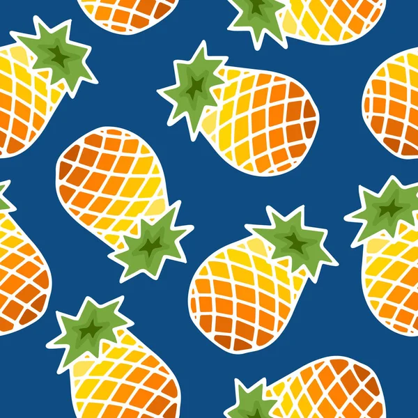 Naadloos Patroon Met Felgekleurde Ananasvruchten Met Blad Blauwe Achtergrond Modern — Stockvector