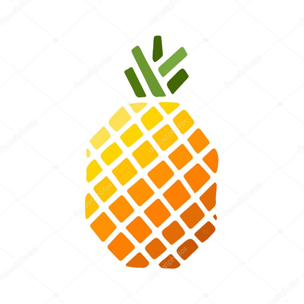 Bright color icon of pineapple fruit with leaf isolated on white background. Sweet tropical fruit. Simple minimal flat style. Logo design. Symbol exotic summer, vitamin, healthy. Vector illustration