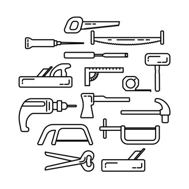 Marangoz araçları beyaz arkaplanda izole edildi. İnşaat, dekorasyon ve onarım hizmetleri için hat simgeleri. Alet çantaları. Satış, kira. El aletleri. Çilingir, marangoz, ustabaşı....