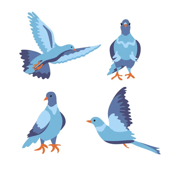 Set Bird Dove Icon Flying Sky Sitting Flat Cartoon Character — Stock Vector
