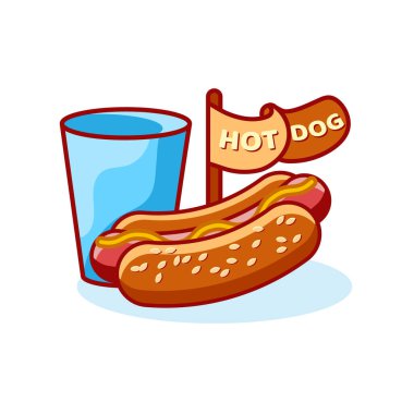 Düz sosisli sandviç ve cam çizimi beyaz arka planda izole edilmiş. Poster, afiş, menü, broşür, web için fast food hot dog simgesi