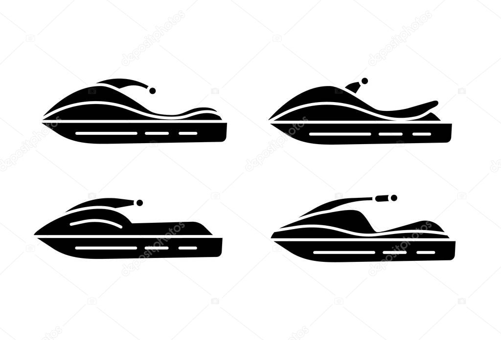 Set of jet ski icons. Black silhouette isolated on white background.  Vector illustration for web design.