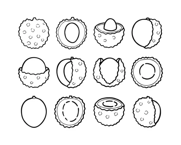 设置不同的手绘直线图标荔枝水果分离的白色背景 甜甜的热带水果 简朴简朴的轮廓风格 标志设计 矢量说明 — 图库矢量图片
