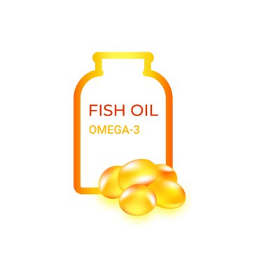 Balık yağı kapsülleri ve beyaz arka planda izole edilmiş şişe. Omega 3 vitamini hapları. Parlak altın özlü damlacık. Kolajeni olan altın kabarcıklar. Tedavi beslenme derisi vektör tasarımı. 