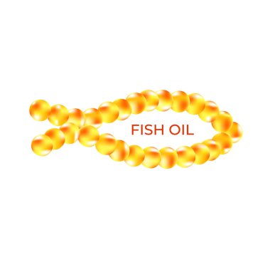 Balık yağı kapsülleri beyaza izole edilmiş. Geçmişi. Omega 3 vitamini hapları. Parlak altın özü damlası. Kolajeni olan 3D gerçekçi altın baloncuklar. Tedavi beslenme derisi vektör tasarımı. 