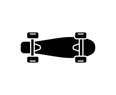 Beyaz arkaplanda siyah siluet ikonu izole edildi. Düz stil. Asgari kaykay tahtası tasarımı. Vektör illüstrasyonu.