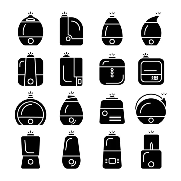 Set Black Humidifier Air Diffuser Icons Isolated White Background Purifier — Stock Vector