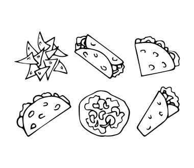 El çizimi Meksika geleneksel yemek seti. Burrito, taco, tostado, quesadilla, beyaz arka planda izole edilmiş nachos. Menü, poster, ağ için vektör illüstrasyonu. 