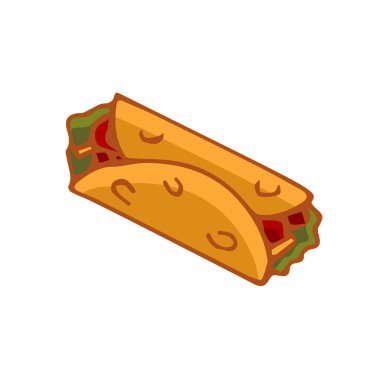 Meksika geleneksel burrito ikonu beyaz arka planda izole edilmiş. Düz stil. Menü, poster, ağ için vektör illüstrasyonu. 