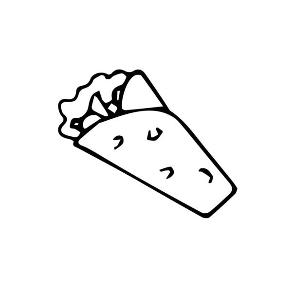 Ręcznie Rysowane Meksykańskie Tradycyjne Jedzenie Ikona Burrito Izolowane Białym Tle — Wektor stockowy