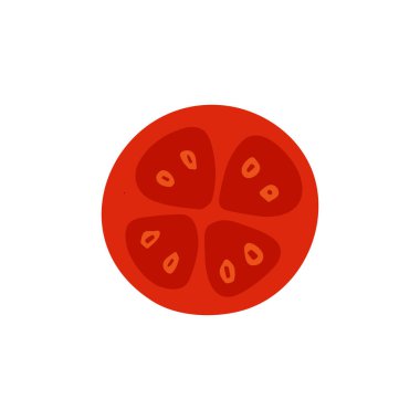 Düz renkli sebze dilimi, beyaz arka planda izole edilmiş domates ikonu. Çiftçi pazarı, organik gıda, market, kafe, restoran kavramı. Doğal ürün, vejetaryen, taze, doğal tasarım.