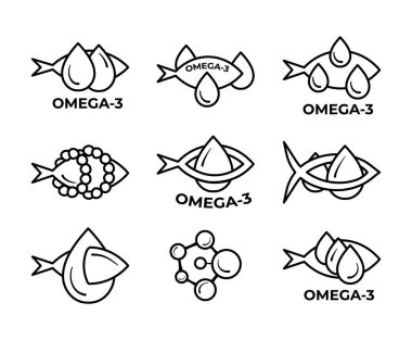 Beyaz arka planda izole edilmiş balık yağı ikonu. Omega 3 vitamini şablonu. Damlalar ve balık silueti. Çizgi tarzı. Tedavi beslenme derisi vektör tasarımı. 