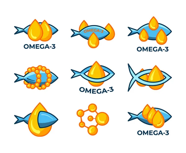 一组在白色背景上隔离的鱼油图标 维生素欧米加3模板 水滴和鱼的轮廓 平淡的风格 营养皮肤护理病媒设计 — 图库矢量图片