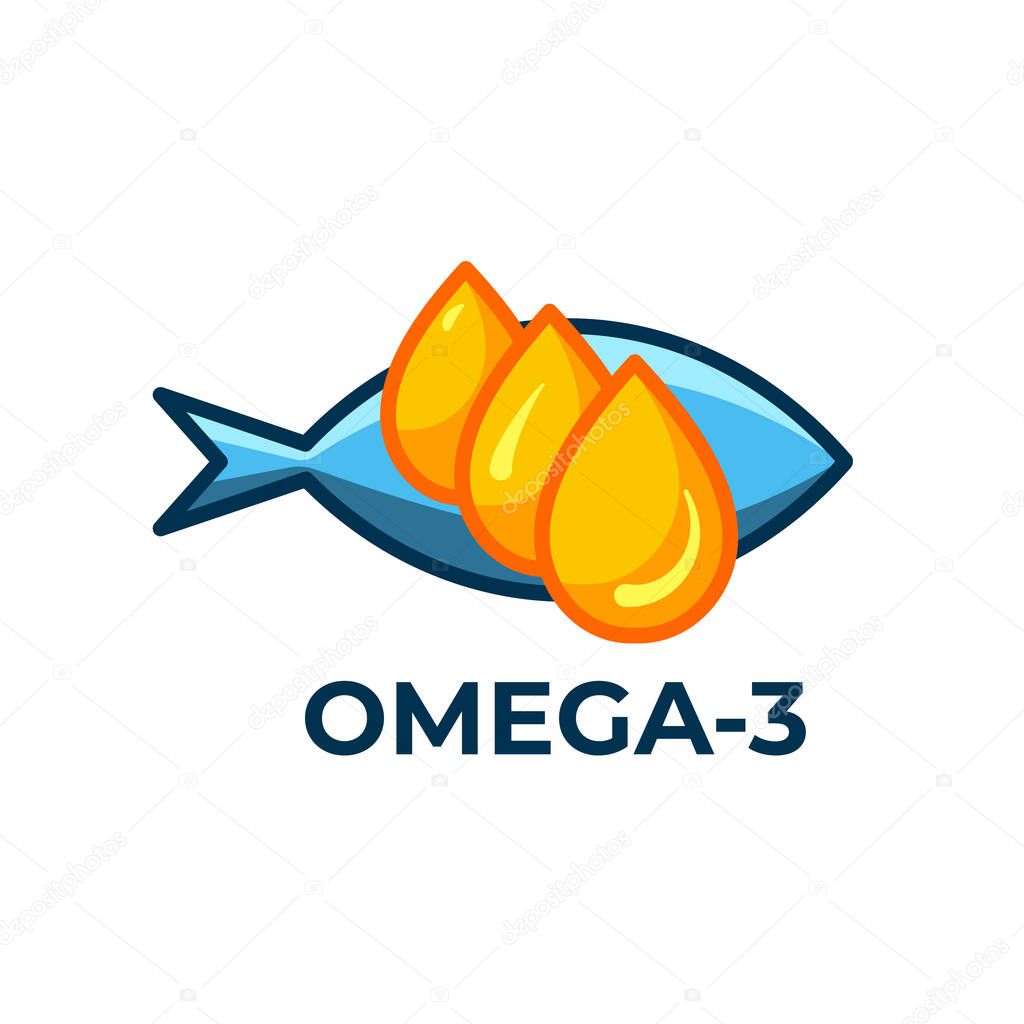 Fish oil icon isolated on white background. Vitamin omega 3 template. Drops and fish silhouette. Flat style. Treatment nutrition skin care vector design. 