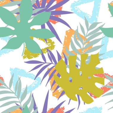 El yapımı fırça üçgenleri ve tropikal palmiye yapraklarıyla soyut, pürüzsüz desen. Gösterişli arka plan, afiş, tekstil, ambalaj kağıdı tasarımı için vektör illüstrasyonu. Modern tasarım. 