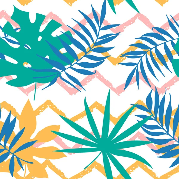 Бесшовный Рисунок Абстрактными Ручными Линиями Волн Краски Тропическими Пальмовыми Листьями — стоковый вектор