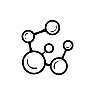 Beyaz arkaplanda moleküler model çizgisi simgesi izole edildi. Atom grubu birbirine bağlandı, kimyasal bileşik, fizik, organik kimya, biyokimya elementi. Taslak vektör illüstrasyonu.