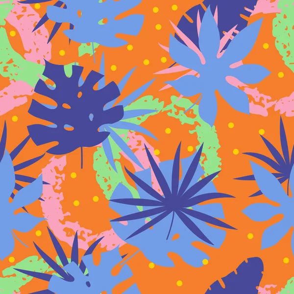 抽象的な手描きのペイントラインと熱帯の葉とシームレスなパターン モダンなカラフルな幾何学的背景に植物のシルエットテンプレート ベクターイラスト — ストックベクタ