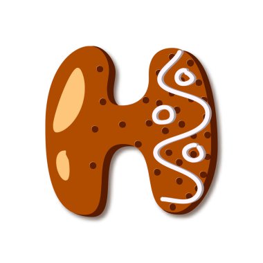 Kurabiye şeklinde sevimli H harfi. Noel yemeğinde zencefilli çörek. Dondurmalı tatlı bisküvi alfabesi. Beyaz arka planda izole edilmiş süslü krema şekeri figürleri. Düz biçim vektör illüstrasyonu.