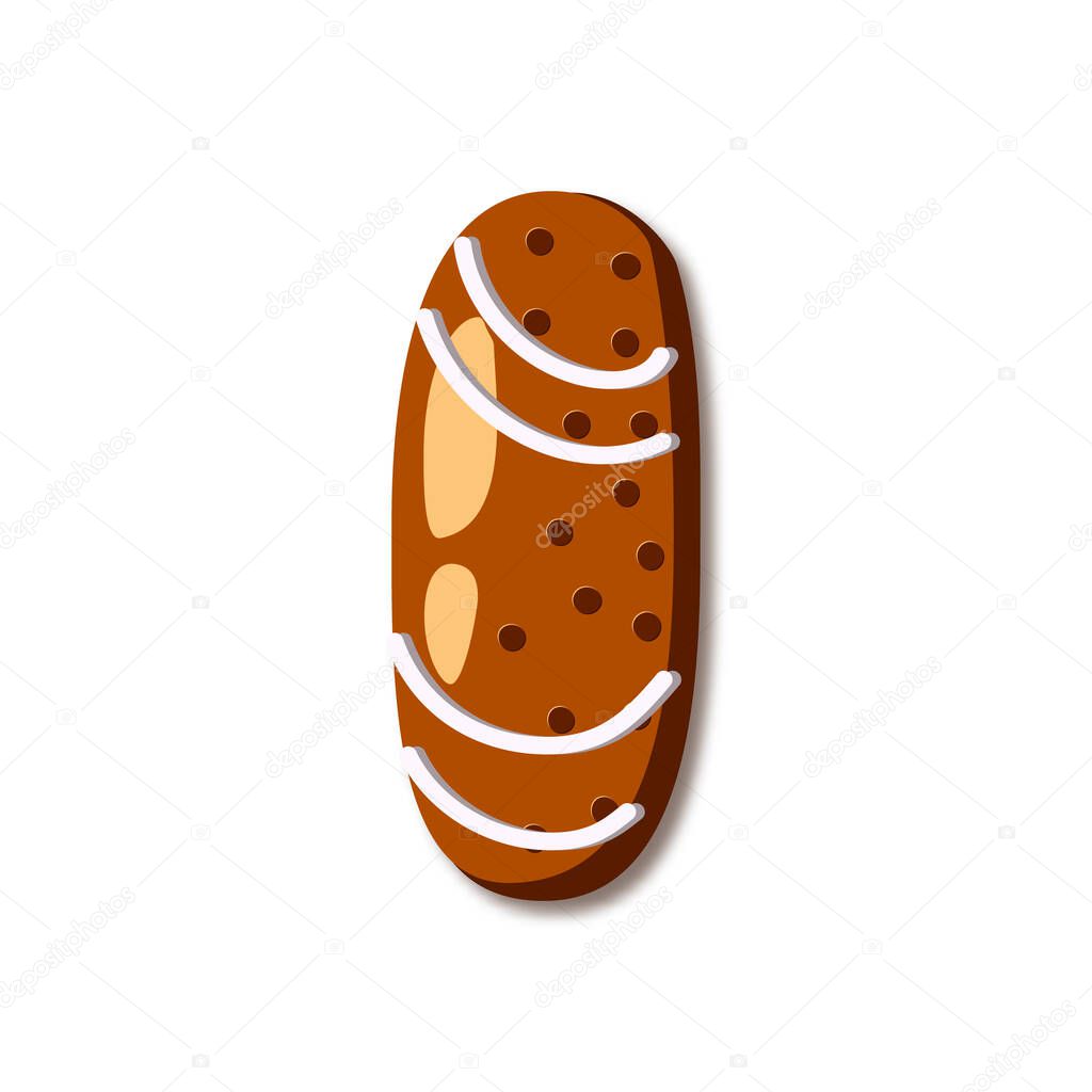 Cute letter I in form of cookies. Glazed Christmas food gingerbread. Sweet biscuit alphabet with frosting. Figures decorated icing sugar Isolated on white background. Flat style vector illustration.