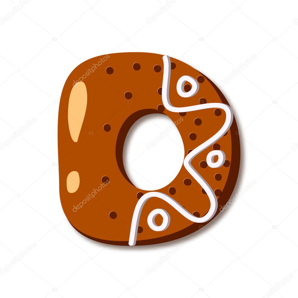 Cute letter D in form of cookies. Glazed Christmas food gingerbread. Sweet biscuit alphabet with frosting. Figures decorated icing sugar Isolated on white background. Flat style vector illustration.