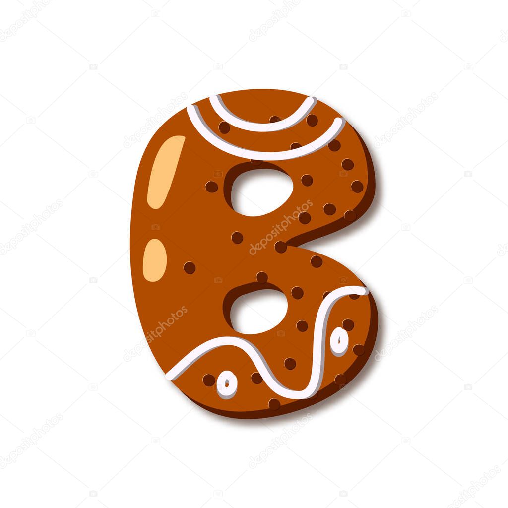 Cute letter B in form of cookies. Glazed Christmas food gingerbread. Sweet biscuit alphabet with frosting. Figures decorated icing sugar Isolated on white background. Flat style vector illustration.
